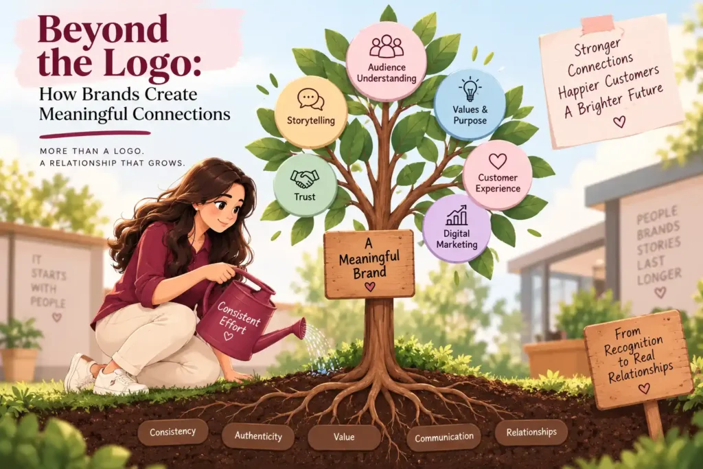How brand create meaningful connections, Picture showing a meaningful brand growing through trust, storytelling, audience understanding, and customer experience.