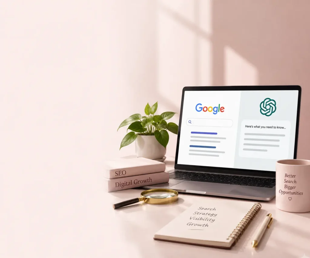 Laptop showing SEO and AI search comparison