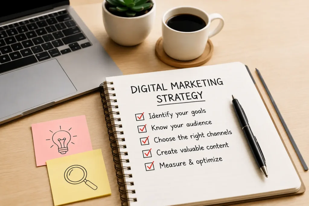 best digital marketing in calicut,kerala with a laptop, digital marketing strategy notebook, coffee cups and a potted plant on a workspace