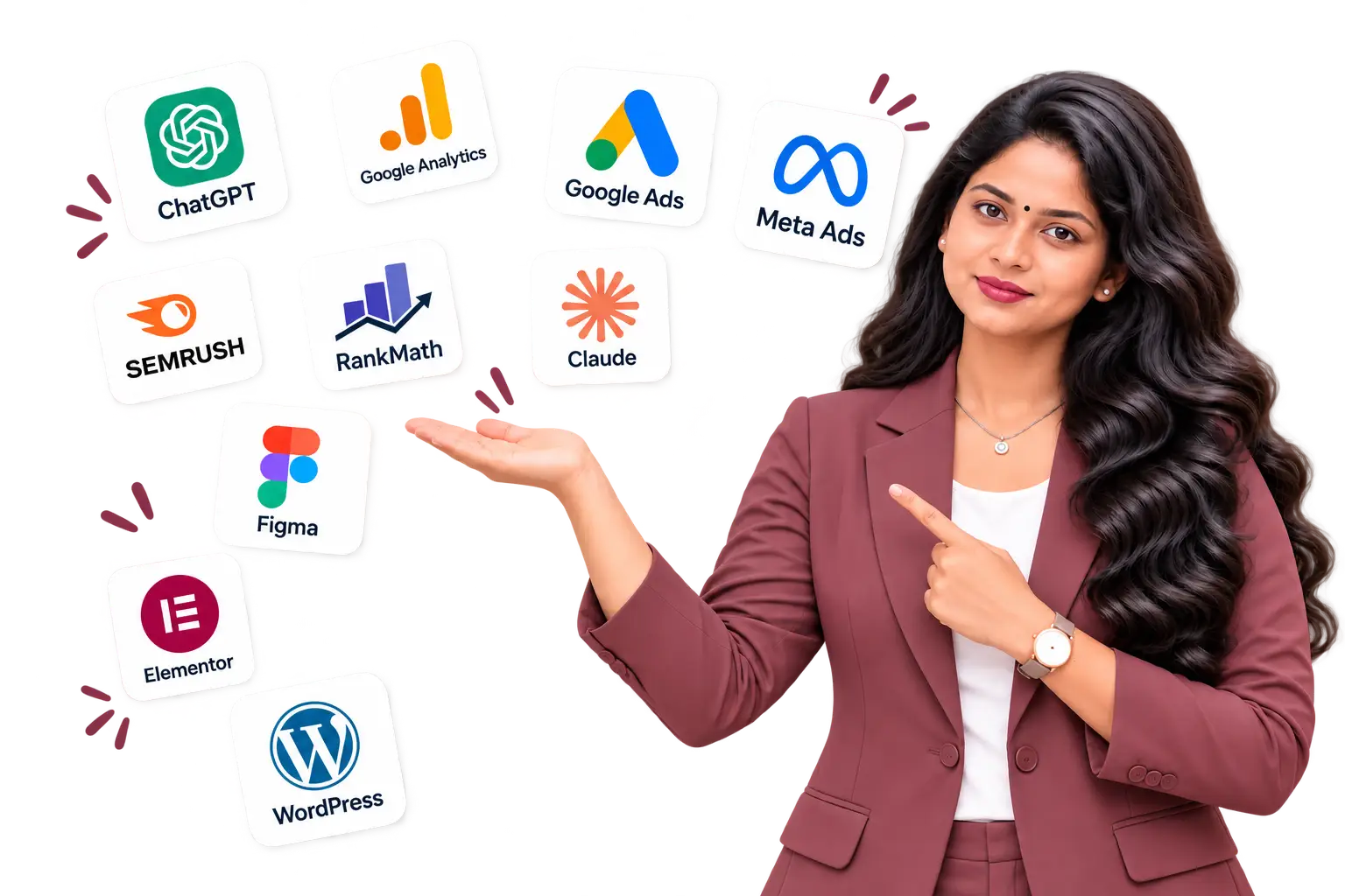 best freelance digital marketing consultant in kannur, Woman presenting digital marketing tools and concepts