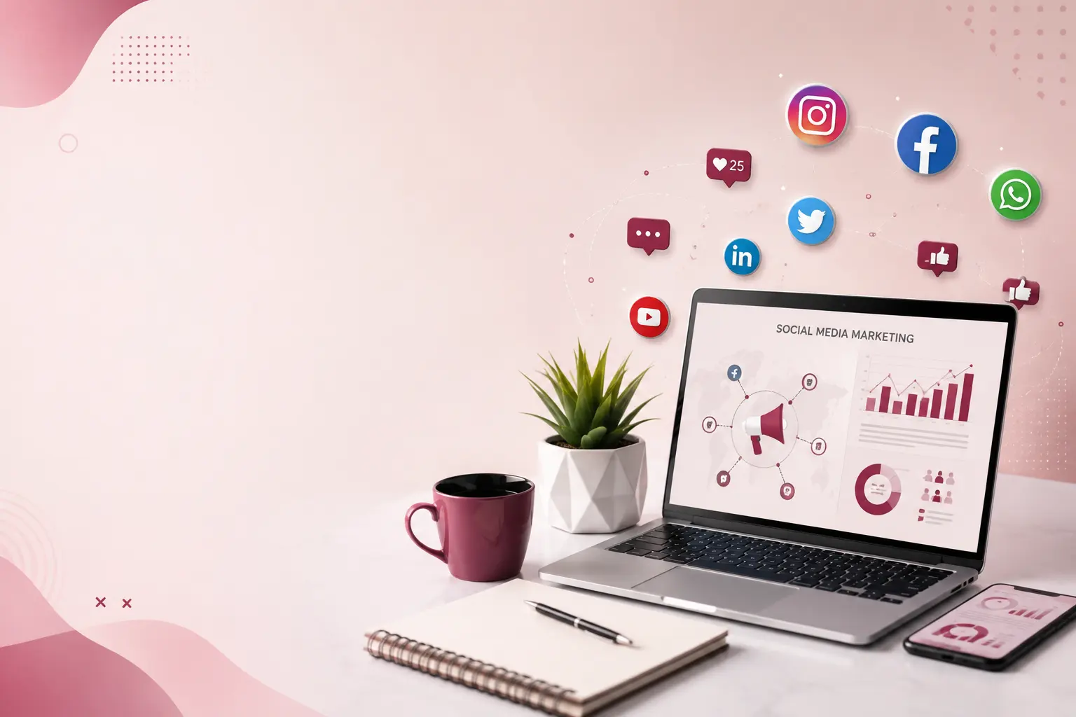 Freelance social media marketer in Kannur with social media icons and laptop screen