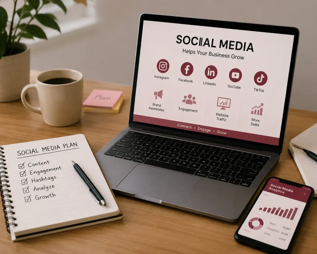 SMM-Laptop displaying social media platforms, business growth icons, and a social media plan notebook.